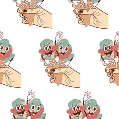 pattern with icons of a hand holding two ice cream cones with a funny, cheerful, happy face in a retro vintage style