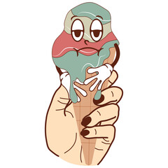 icon of a hand holding ice cream in a waffle cone with a funny sad face and human limbs in a retro vintage style