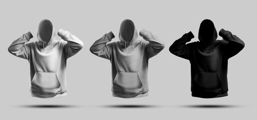 White, black, heather oversized hoodie template, 3D rendering, front view, Men's apparel with...