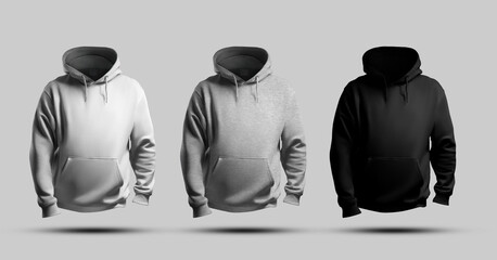 Mockup of white, black, heather hoodie 3D rendering, front view, sweatshirt with pocket, hood, for design, branding. Set