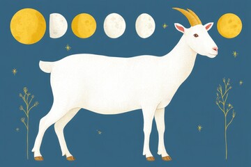 Obraz premium The Eid Al-Adha Zodiac-Style Badge Showcases a Beautifully Designed White Goat Alongside the Celestial Phases of the Moon. This Imagery Symbolizes the Deep Significance of Sacrifice