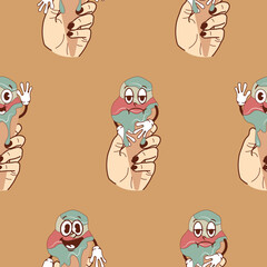 pattern with a set of icons of hands holding ice cream in waffle cones with happy, funny and sad faces in retro vintage style on a brown background