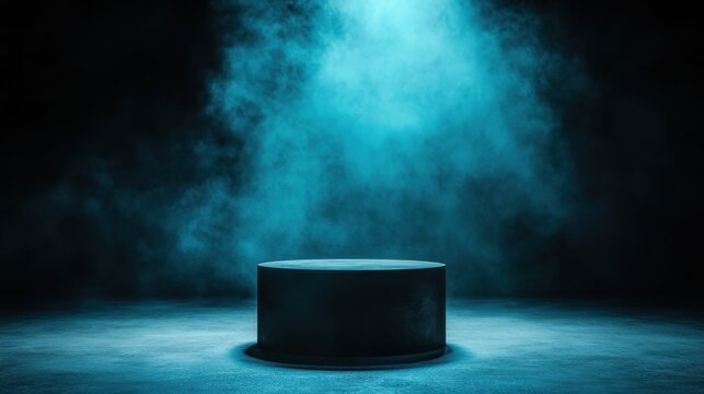A dramatic scene featuring a dark stage illuminated by a striking blue light, creating an atmosphere of intrigue and anticipation, ideal for performances or events.