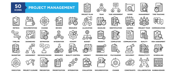 50 Project Management icon set. Containing design business, project, work, planning, manager, management, teamwork	