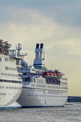 Classic small cruiseship cruise ship liner Astor docked at terminal in Tilbury, London on River...
