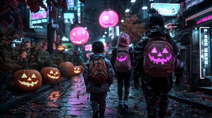 A cyberpunk Halloween scene. Three figures walk a wet street lined with jack-o'-lanterns