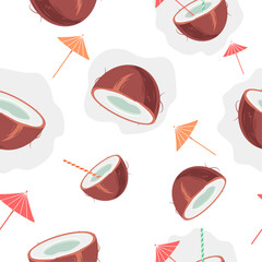 Seamless Vector Pattern with Coconuts and Tropical Coconut Cocktails on White Background – Summer Holiday Design for Party Decor, Fabric, Packaging, and Seasonal Projects

