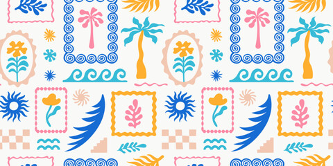Vector hand drawn seamless pattern graphics with silhouette summer and vacation illustrations, tropical illustrations, frames and borders, fabric and textile design, beach and surf theme © venimo