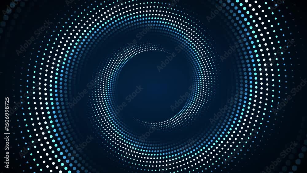 Poster abstract animated background with blue dots circles spinning in dark space. dynamic and smooth rotat