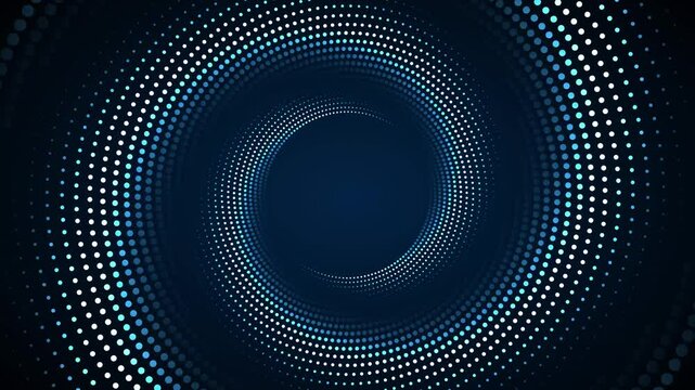 Abstract animated background with blue dots circles spinning in dark space. Dynamic and smooth rotating dotted lines for ads, creative digital design, motion graphic element, or sales presentation
