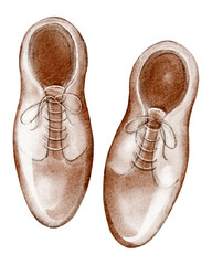 Hand drawn watercolor painting of a pair of brown leather men's dress shoes. Features classic brogues with laces isolated on a white background. Suitable for fashion, business and formalwear concepts.