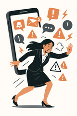 Overwhelmed businesswoman running from smartphone digital overload stress. Technology addiction notifications overwhelm concept. Mental health anxiety work-life balance information fatigue.