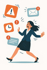 Overwhelmed stressed businesswoman dodging digital notifications overload. Professional woman running from email alerts, messages, deadlines. Work pressure burnout concept