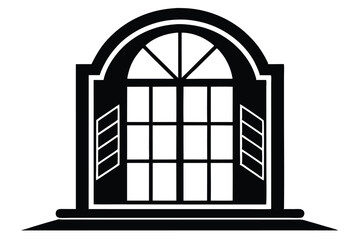 Black and White Illustration of Arched Window with Shutters and Multiple Panes