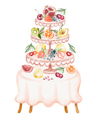 A watercolor illustration showing a table with a bowl of assorted fruits. Includes mango, berries, lemon, and leaves arranged in a still life composition. Natural food and organic ingredients.