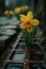 a single yellow flower is in a puddle of water on a brick walkway in the rain, with a dark background