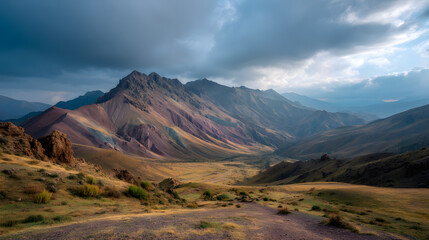 Rainbow Mountainscape: A breathtaking panorama of a majestic mountain range, its slopes painted in vibrant hues of rainbow colors under a dramatic sky.