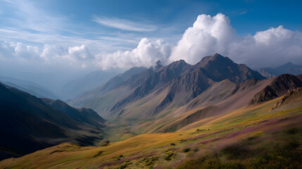 Fototapeta premium Mountain Majesty: Dramatic mountain range with vibrant autumnal hues, majestic peaks piercing through fluffy clouds under a clear blue sky.