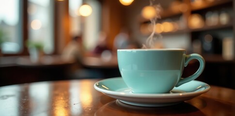 Close-up of steaming mug on saucer, cafe setting, hot-drink, cafe, hot