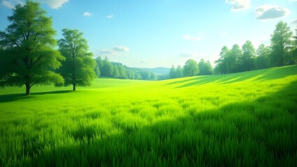 Obraz premium A serene and idyllic scene featuring a lush, vibrant, and verdant meadow, covered in a dense layer of emerald green grass that stretches as far as the eye can see, with occasional clusters of tall
