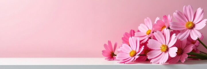 Fototapeta premium Fresh pink cosmos on white shelf against pink Summer floral arrangement , photography, interior decor