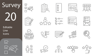 Survey Editable Line Icons Set. Containing feedback, opinion, questionnaire, poll, research, data collection, review and satisfaction icons. Vector illustration.