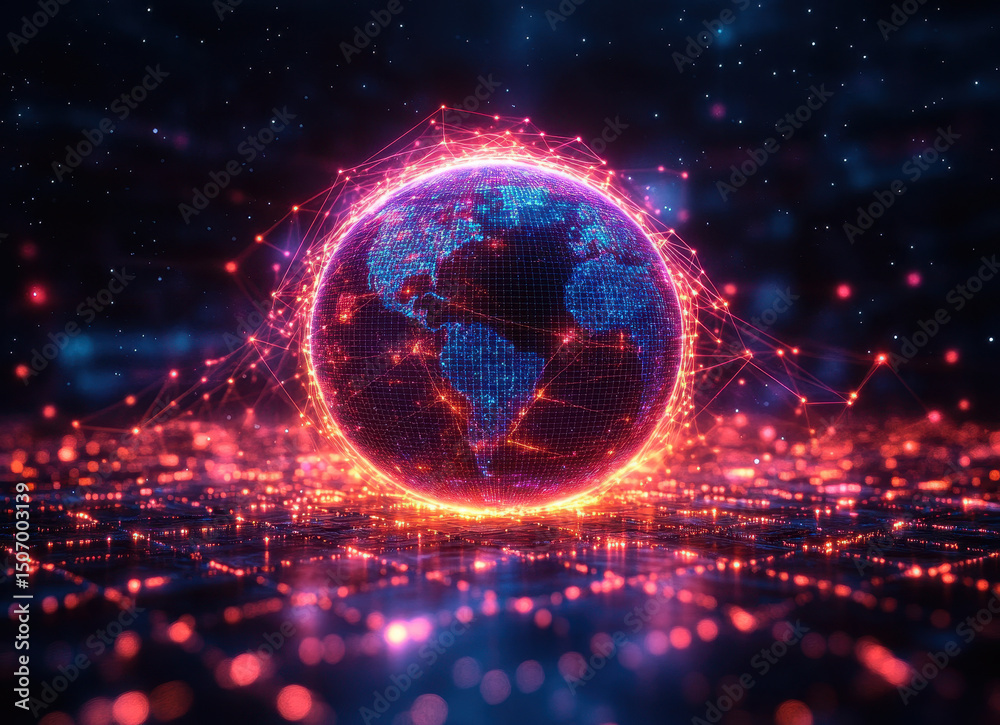 Poster digital earth with network connectivity and data visualization in futuristic technology conceptual r