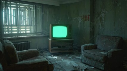 Retro CRT Television with Green Screen in Grungy Abandoned Room, Editable Display for Compositing, VFX, or Post-Apocalyptic Scenes - Powered by Adobe