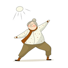 Grandma doing sports in nature. vector illustration