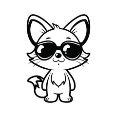 Cartoon Fox Wearing Sunglasses, Standing Isolated on White Background, Outline Style