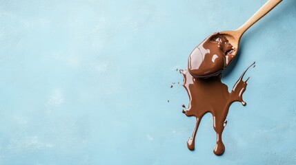 A wooden spoon with melted chocolate creates an artistic splash on a blue background, symbolizing indulgence and the joy of culinary creativity in a vibrant, playful way.