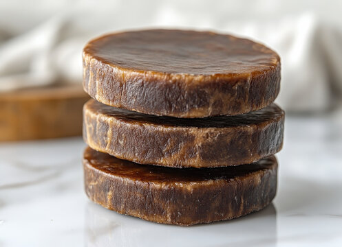 Stacked Unrefined Brown Cane Sugar Jaggery Discs on Marble Surface with Blurred Background