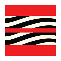 Abstract geometric composition featuring red black and cream wavy stripes and rectangles