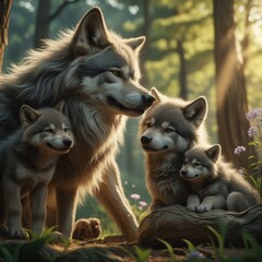 Wolf Family Resting in a Sunlit Forest – AI Generated