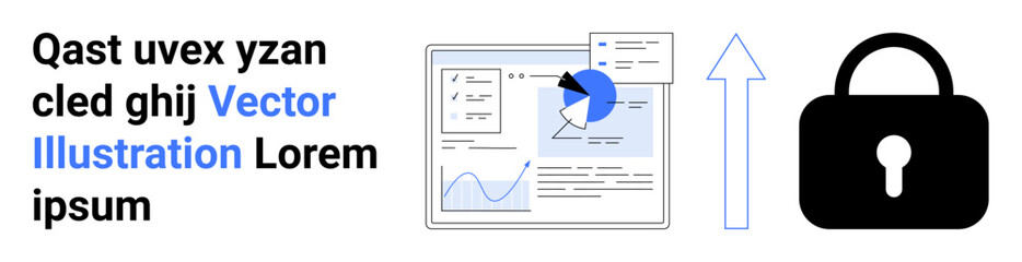 Dashboard with graphs and charts, upward arrow, and lock icon signifying secure data access. Ideal for analytics, cybersecurity, business growth, finance, technology, safety simple landing page