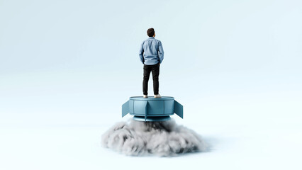 Confident Man Standing on Launching Rocket with Smoke - Startup, Business Launch, Ambition, and Future Success, 3D Render