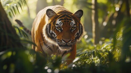 Majestic Tiger in Lush Jungle: A breathtaking portrait of a magnificent tiger in its natural habitat, showcasing the raw power and beauty of this endangered species.