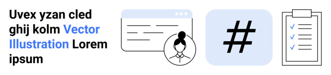 Fototapeta premium Browser tab with avatar, large metadata tag, and checklist clipboard highlight themes thumbs up social media, organization, project planning. Ideal for business, teamwork, analytics, education
