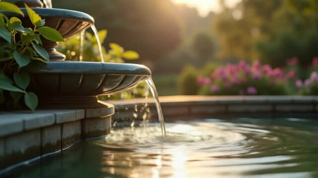 Garden fountain with flowing water surrounded by greenery at sunset  
