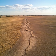 Dry Landscape with Cracked Earth and Blue Sky under Bright Sun