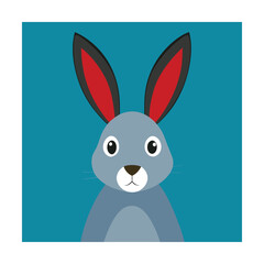 Adorable cartoon illustration of a gray bunny rabbit with red and black ears on blue background