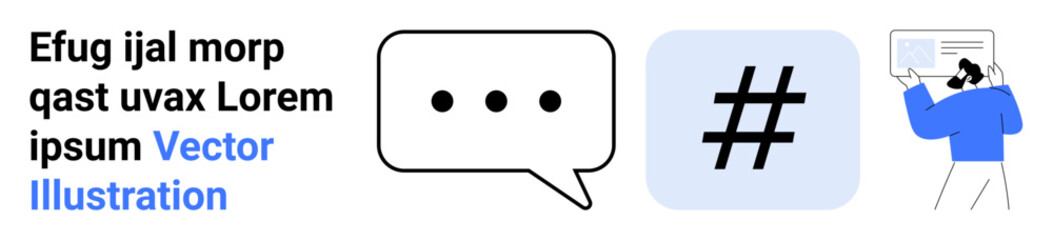 Obraz premium Speech bubble with three dots, metadata tag symbol in a square frame, person holding a tablet reviewing content. Ideal for communication, social media, digital marketing, feedback, networking, online