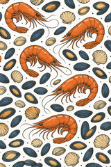 Fototapeta premium Fresh seafood seamless pattern design shrimp prawns shellfish mussels clams scallop shells marine cuisine restaurant menu background wallpaper texture vector illustration food