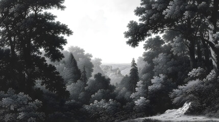 Serene Woodland Valley: A grayscale landscape depicting a tranquil valley nestled amongst lush woodland, creating a serene and contemplative atmosphere.  The valley opens to reveal a distant view.