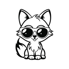 Cute Fox Silhouette Sitting with Sunglasses, Minimalist Black & White