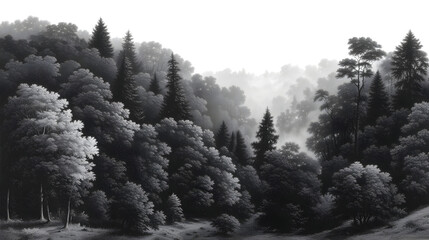 Monochromatic Forest Vista: A serene monochrome vista of a dense forest, where a mist-shrouded valley reveals a tapestry of trees, evoking a sense of peace.
