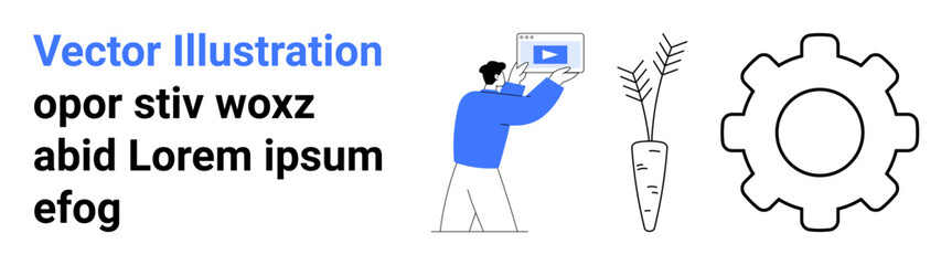 Person holding a screen with video content, adjacent to a carrot plant and gear. Ideal for education, technology, agriculture, growth, innovation, teamwork, and simple landing page