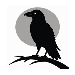 Obraz premium Silhouette of a raven perched on a branch with a crescent moon in the background