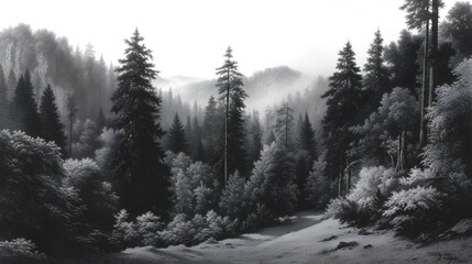 Whispering Pines: An enchanting, atmospheric forest scene where the misty expanse of evergreen trees evokes tranquility and mystery, creating a monochrome woodland panorama.
