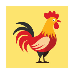 Vibrant rooster illustration featuring bold colors and flat design on a soft yellow background